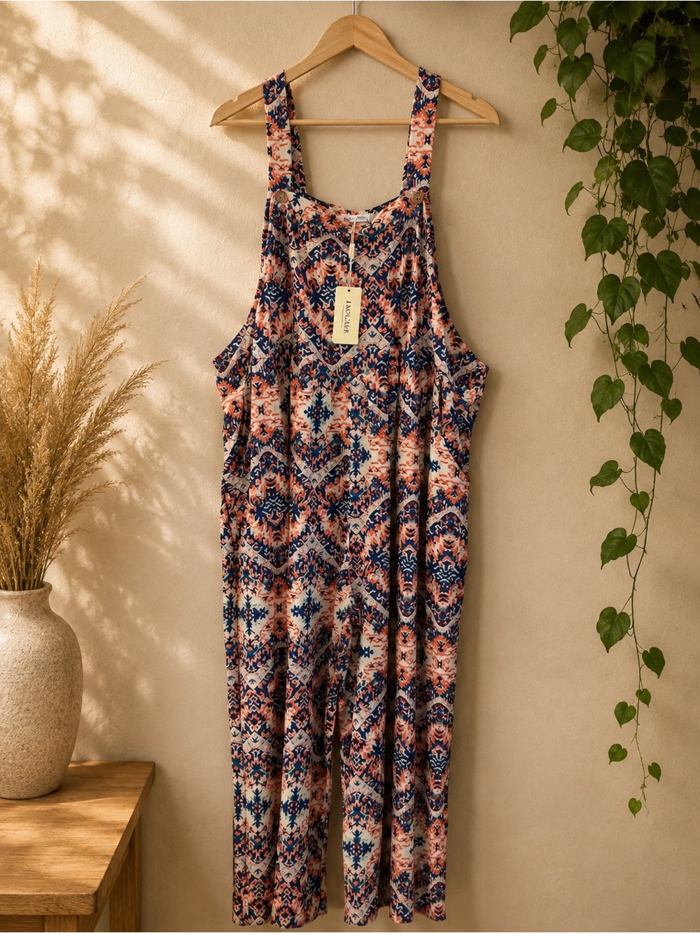 Ekouaer NWT Boho Print Wide Leg Overalls Jumpsuit Orange Blue 2XL